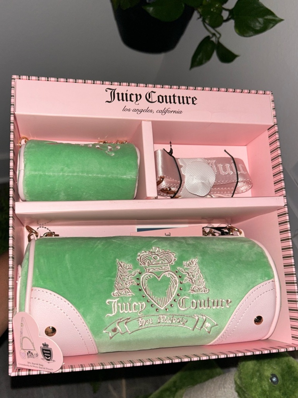 Juicy Couture Green Velvet Barrel Handbag Set with Pink Trim